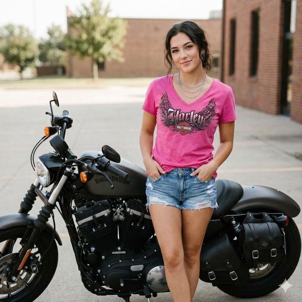 Harley-Davidson T-Shirt Womens L Pink Moto V-Neck Winged Logo Graphic Tee